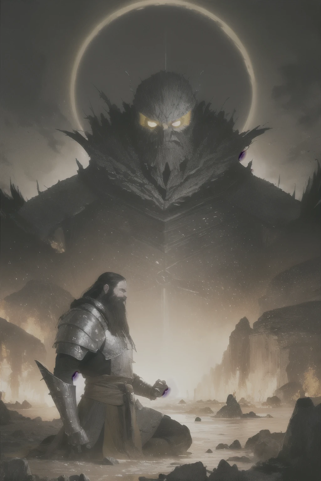 portrait of a man, wearing medieval clothing and armor, holding his hand forward and earth flowing around his hand, poor clothing, ripped clothes, leg armor, beard, yellow glowing eyes, long beard, martial artist, martial legends, gauntlets, fighter, big gauntlets, earth bender, earth magic, earth lord, yellow eyes, rocks, yellow, old, lord, armor legs, arrogant, scary, black armor, hand, yellow light, mountains background, slayer, eyes more realistic, the background people darker, more light, more sharp rocks, rocks floating, pebbles floating, pebbles, floating small rocks, close pebble floating, angry, mad, destruction, godlike figure, scars, godlike figure, apocalypse