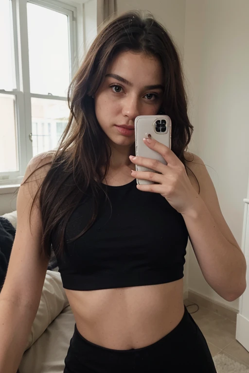 1 brazilian girl, Long Wavy Hair, dark brown eyes, , short top, shorts, sitting on bed, in hotelroom, perfect fit body, cute