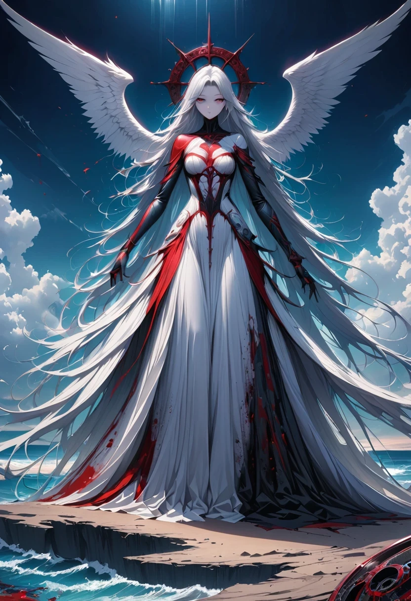 black、White、Blue and Red,(best quality, Super detailed, high resolution, Extremely detailed CG),Wide-angle lens,Dead angel standing on the edge of a cliff,She is beautiful,She likes blood and the ocean,Blood Rain, mystery,Fanatic, Wheels within wheels, Surreal,Beautifully