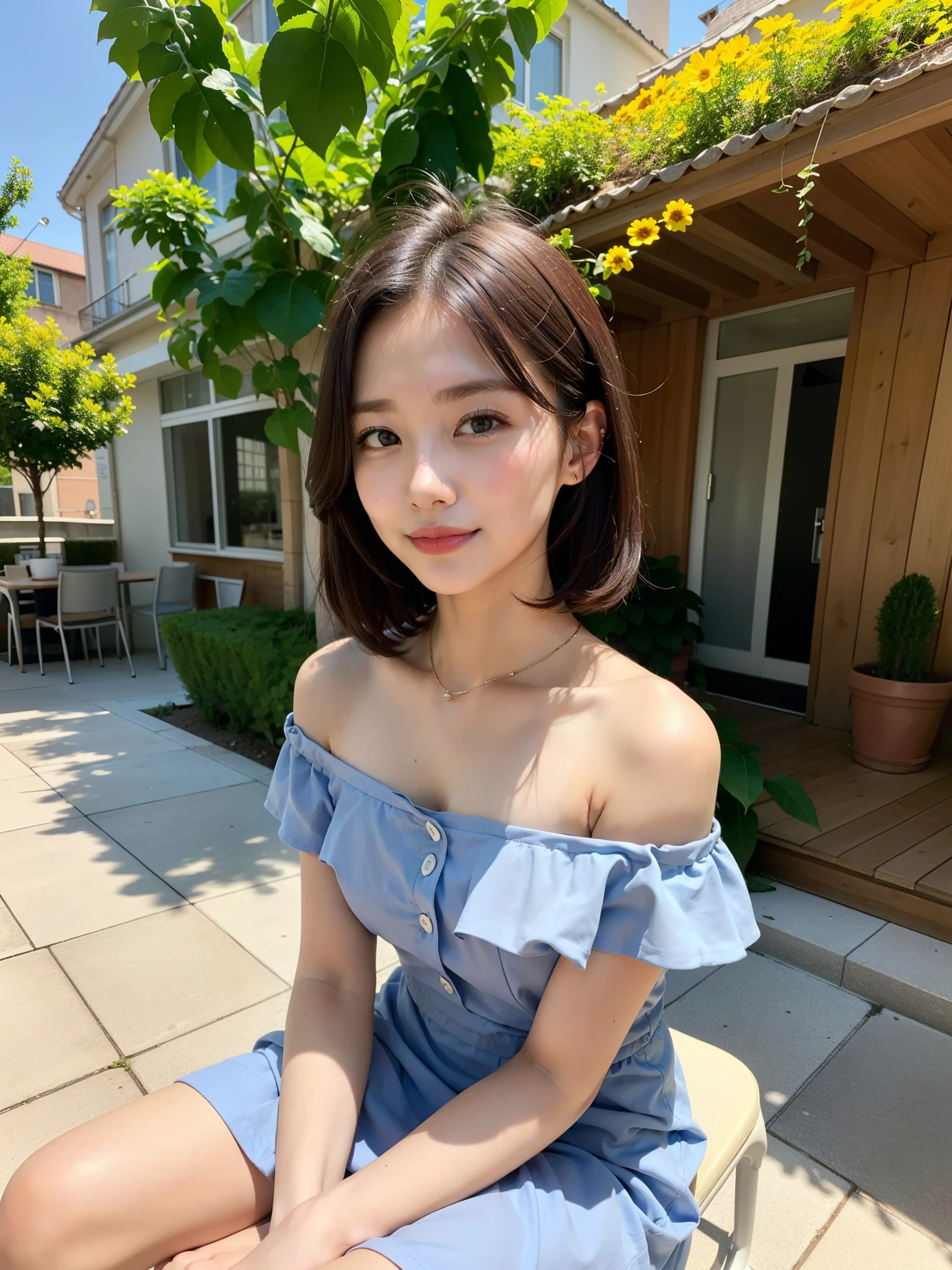 ((Best of the highest quality, 8k, Masterpiece: 1.3, raw photo)), Sharp focus, (1 AESPA, slim body type female, 21 y/o: 1.1), (Solo: 1.2), (realistic, photo-realistic:1.37), face focus, cute face, finely eyes, (small breasts, flat chest, Thigh: 1.3), (short messy hair: 1.28), (off shoulder chiffon dress: 1.2), sitting, terrace dining, cafe, sun light, flower, arms up