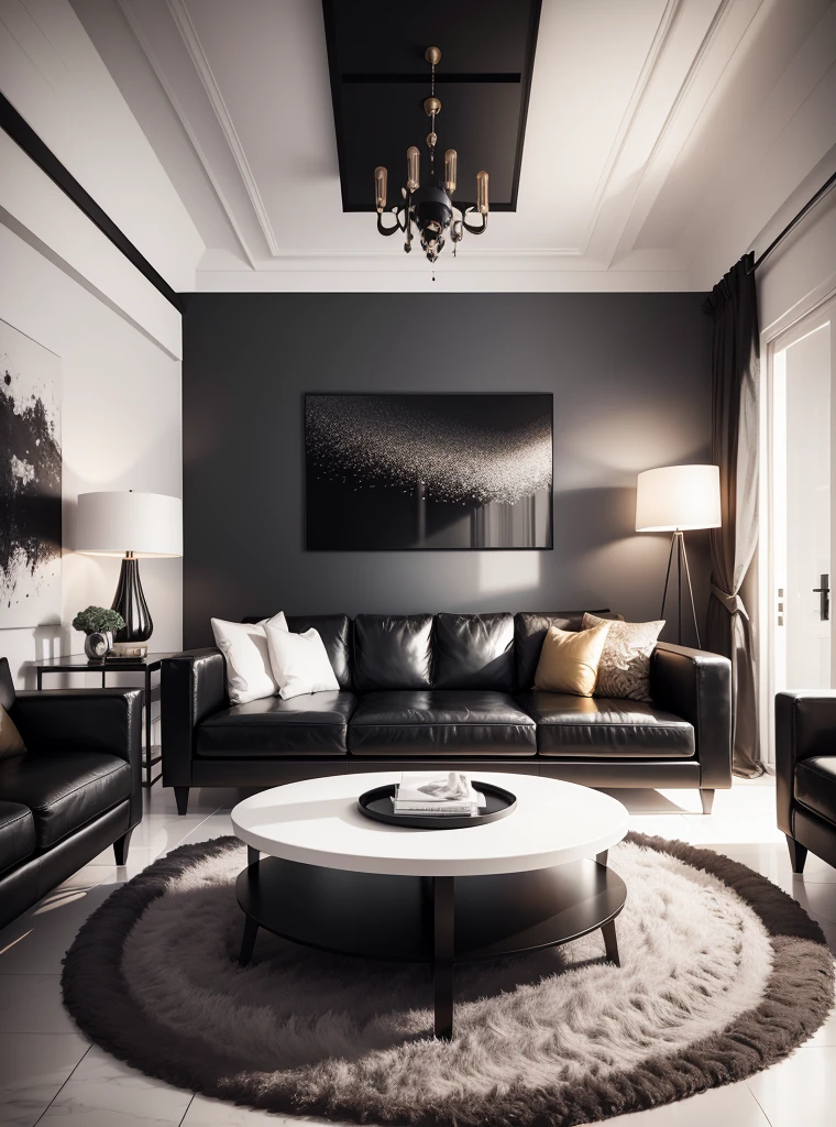 A sleek and contemporary living room bathed in the soothing hues of black. Sleek leather sofas contrast against the glossy black coffee table, and the walls are adorned with black art pieces that reflect the modern aesthetic. A large black area rug anchors the space, while floor-to-ceiling windows allow natural light to stream in, creating a cozy and chic atmosphere. Black accents, such as the geometric patterns on the throw pillows and the sleek lines of the minimalist lighting fixtures, add texture and visual interest to the room. This living room is the epitome of modern style and sophistication.