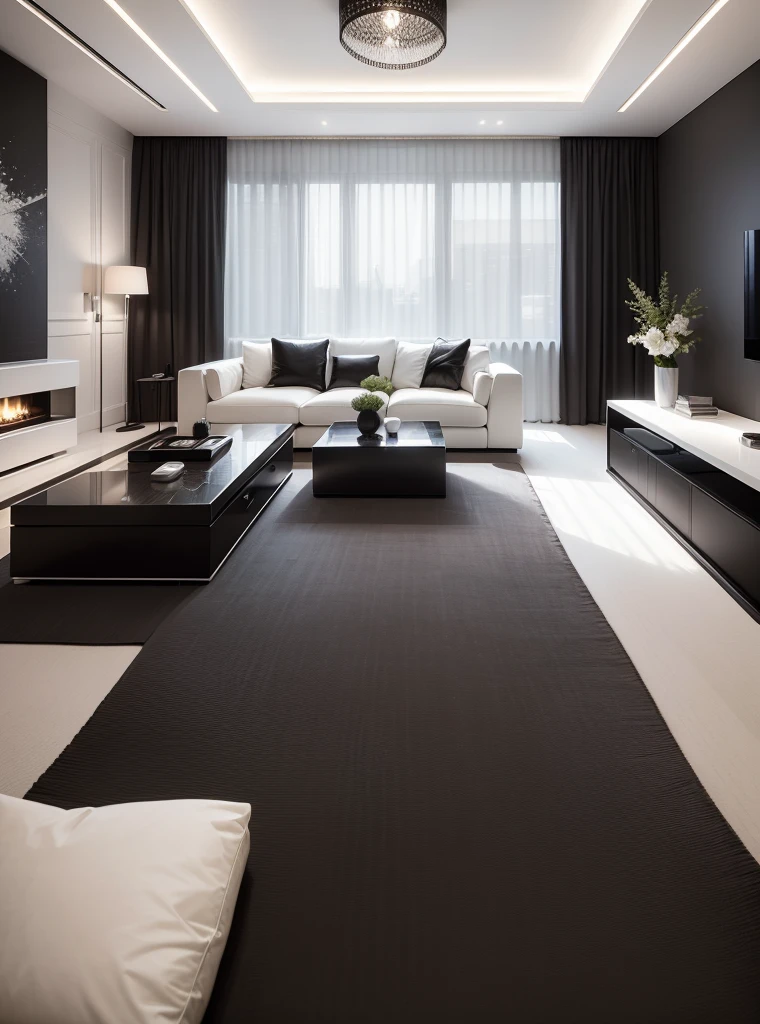 A sleek and contemporary living room bathed in the soothing hues of black. Sleek leather sofas contrast against the glossy black coffee table, and the walls are adorned with black art pieces that reflect the modern aesthetic. A large black area rug anchors the space, while floor-to-ceiling windows allow natural light to stream in, creating a cozy and chic atmosphere. Black accents, such as the geometric patterns on the throw pillows and the sleek lines of the minimalist lighting fixtures, add texture and visual interest to the room. This living room is the epitome of modern style and sophistication.