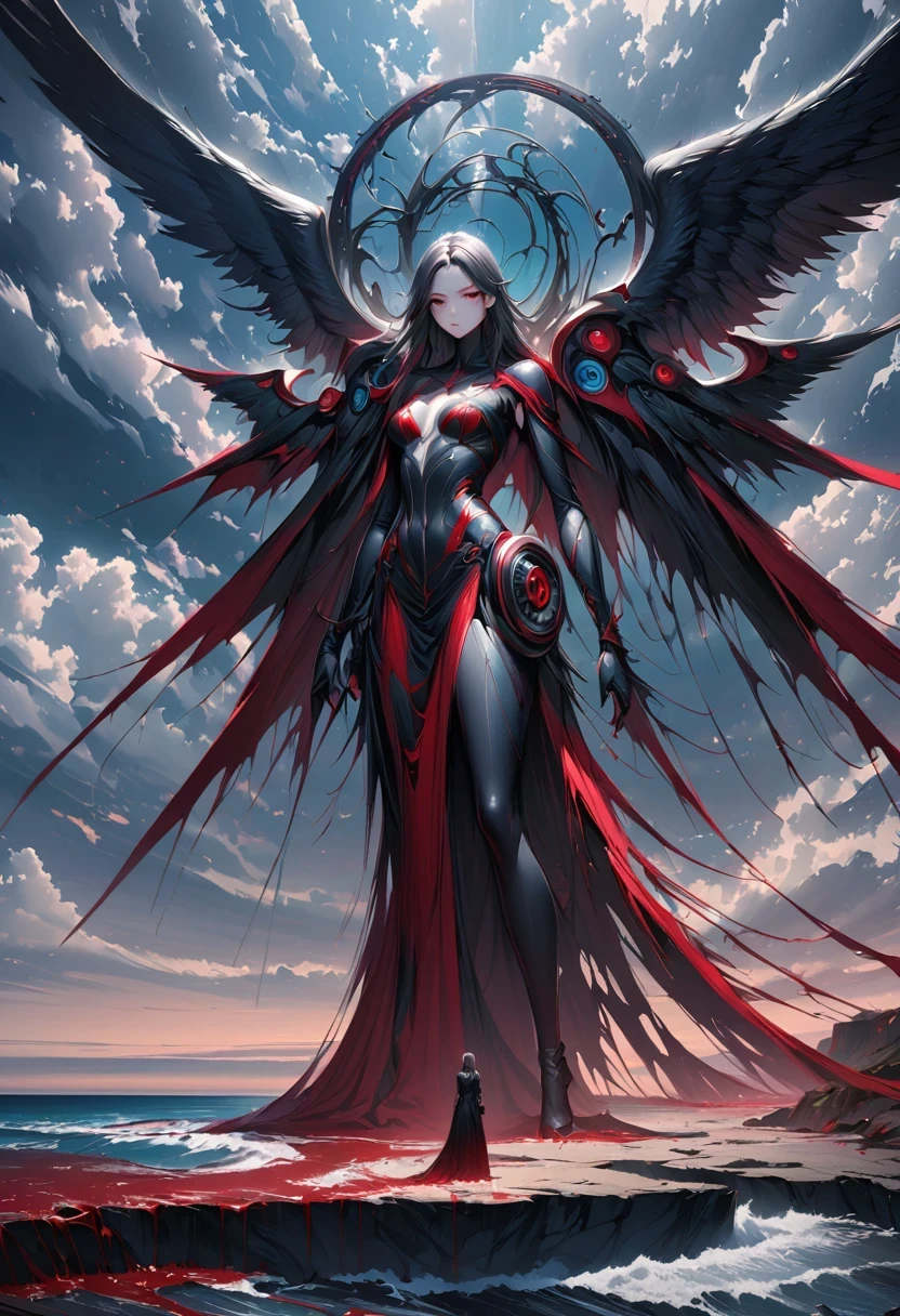 black、White、Blue and Red,(best quality, Super detailed, high resolution, Extremely detailed CG),Wide-angle lens,Dead angel standing on the edge of a cliff,She is beautiful,She likes blood and the ocean,Blood Rain, mystery,Fanatic, Wheels within wheels, Surreal,Beautifully