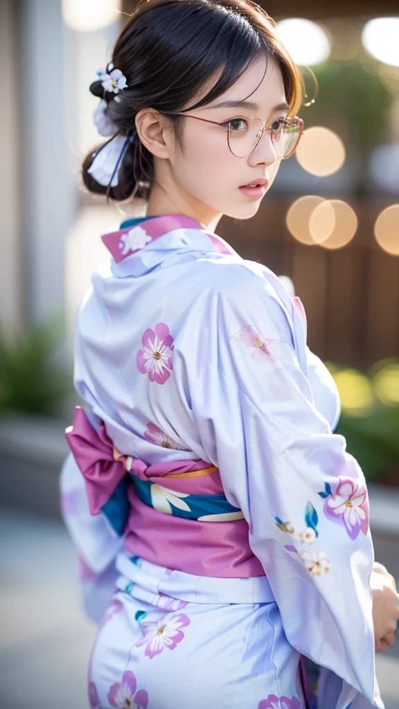 (masterpiece, highest quality:1.4), Beautiful Face, 8k, 85mm, Absurd, (Floral Yukata:1.4), Face close-up, violet, Gardenia, Delicate girl, alone, night, View your viewers, Upper Body, Film Grain, chromatic aberration, Sharp focus, Face Light, Professional Lighting, Sophisticated, (smile:0.4), (Simple Background, Bokeh Background:1.2), detailed aspects,(Show one breast:1.)((Very young and immature & Very few & Very flat chest:1.2),(Pink fashion glasses,1),(Showing anus from behind:1),(hour々々Anal licking:1)