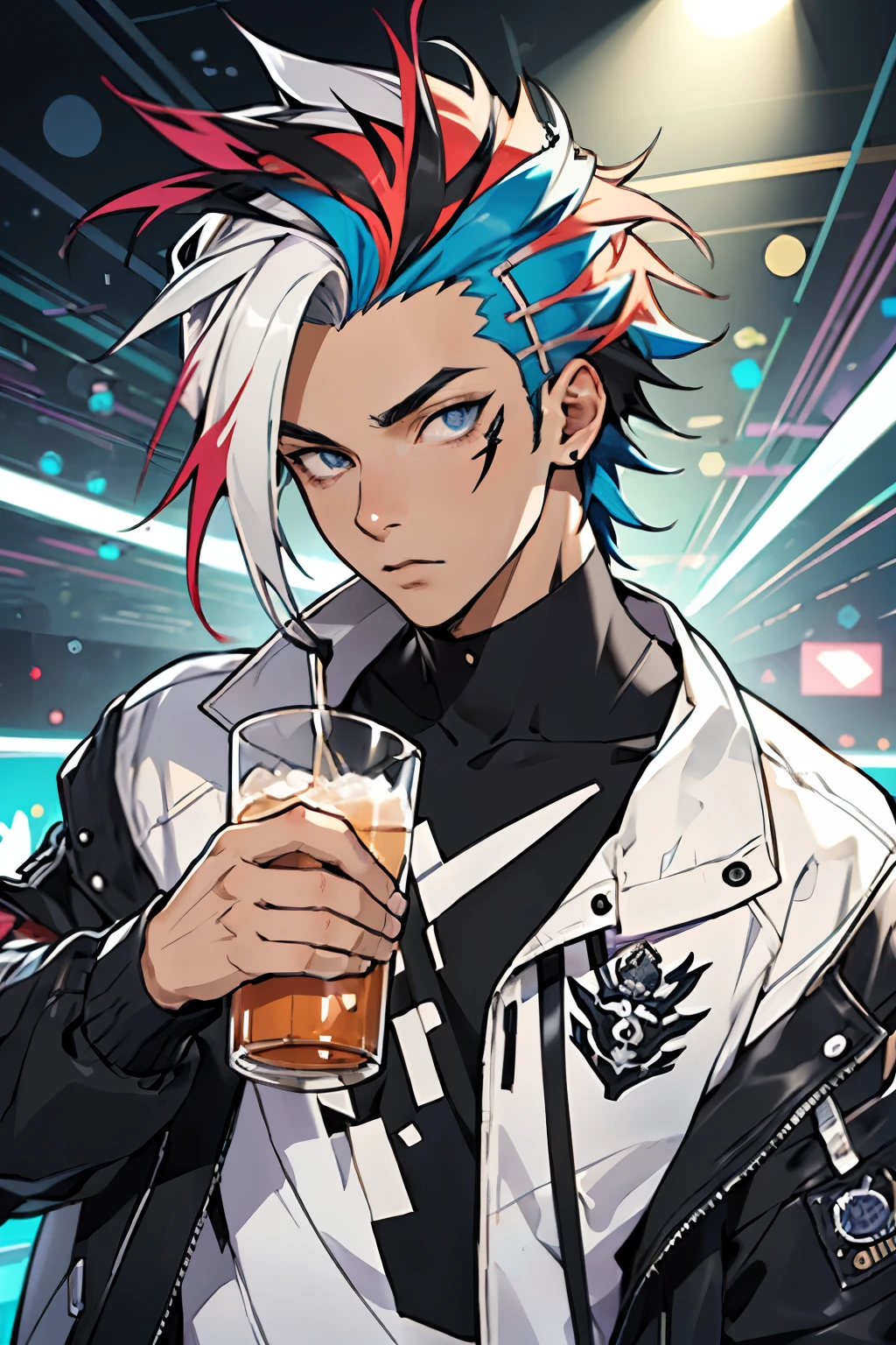 original-art, lineart, FreakShow, male, shirt, jacket, drinking in a nightclub, dynamic lighting, fine-details, detailed face, (detailed eyes:1.1), masterpiece, clear, in-focu-00s, clean lines, (clear in focus eyes:1.1), looking at viewer,  