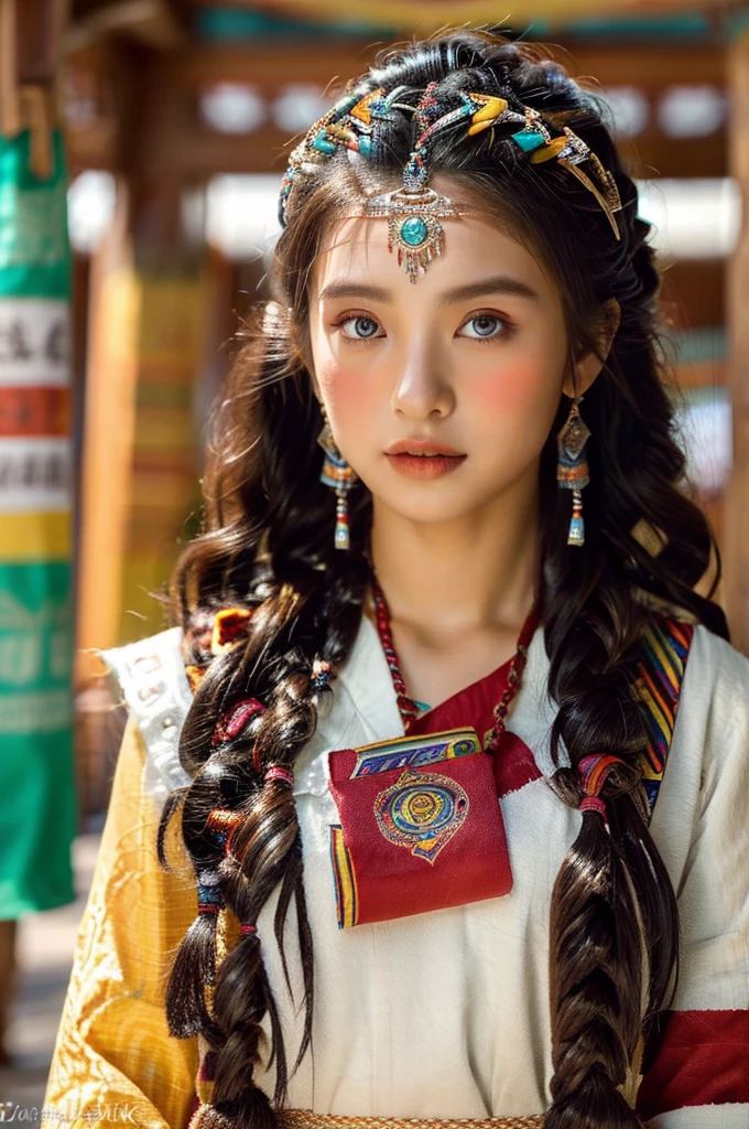 ( masterpiece, top quality, best quality,8k,years old girl,ultra detailed,raw photo:1.5),(photorealistic:1.4), (cinematic lighting), PerfectNwsjMajic, , Surrealism, UHD, ccurate, Super detail, textured skin, High detail, Best quality, dynamic angle, White skin,[Beautiful blue eyes], high nose,(1girl),(good anatomy:0.5)), Dreamy atmosphere,(Dark brown skin, Textured skin, Highland flushed face, Sunburn, tanned, sunspot), Beautiful Tibetan girl in Potala Palace, prayer flags，Potala Palace, Tibetan culture, Bright eyes, Traditional Tibetan art costumes, Tibetan robes, Tibetan headdress, Tibetan jewelry, Turquoise, amber, Observe the audience