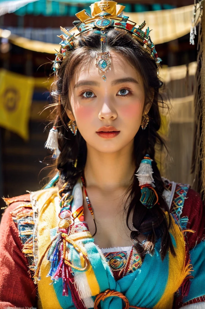 ( masterpiece, top quality, best quality,8k,years old girl,ultra detailed,raw photo:1.5),(photorealistic:1.4), (cinematic lighting), PerfectNwsjMajic, , Surrealism, UHD, ccurate, Super detail, textured skin, High detail, Best quality, dynamic angle, White skin,[Beautiful blue eyes], high nose,(1girl),(good anatomy:0.5)), Dreamy atmosphere,(Dark brown skin, Textured skin, Highland flushed face, Sunburn, tanned, sunspot), Beautiful Tibetan girl in Potala Palace, prayer flags，Potala Palace, Tibetan culture, Bright eyes, Traditional Tibetan art costumes, Tibetan robes, Tibetan headdress, Tibetan jewelry, Turquoise, amber, Observe the audience