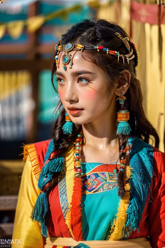 ( masterpiece, top quality, best quality,8k,years old girl,ultra detailed,raw photo:1.5),(photorealistic:1.4), (cinematic lighting), PerfectNwsjMajic, , Surrealism, UHD, ccurate, Super detail, textured skin, High detail, Best quality, dynamic angle, White skin,[Beautiful blue eyes], high nose,(1girl),(good anatomy:0.5)), Dreamy atmosphere,(Dark brown skin, Textured skin, Highland flushed face, Sunburn, tanned, sunspot), Beautiful Tibetan girl in Potala Palace, prayer flags，Potala Palace, Tibetan culture, Bright eyes, Traditional Tibetan art costumes, Tibetan robes, Tibetan headdress, Tibetan jewelry, Turquoise, amber, Observe the audience