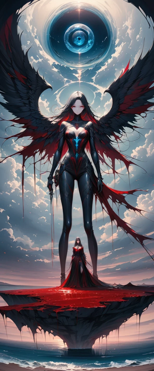 black、White、Blue and Red,(best quality, Super detailed, high resolution, Extremely detailed CG),Wide-angle lens,Dead angel standing on the edge of a cliff,She is beautiful,She likes blood and the ocean,Blood Rain, mystery,Fanatic, Wheels within wheels, Surreal,Beautifully