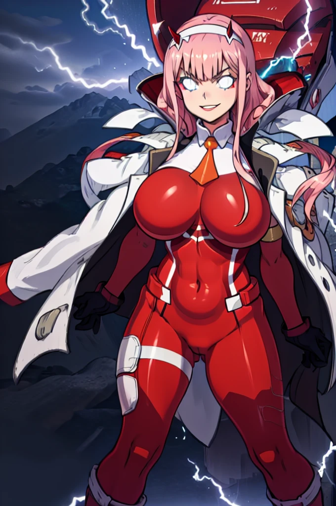 masterpiece, best quality, IncrsLowTier, electricity, glowing eyes zerotwo horns, hairband, necktie, red dress, pantyhose horns, hairband, red bodysuit, armlet, mecha horns, hairband, white bodysuit, white gloves, cap, red dress, white gloves, jacket on shoulders, pantyhose, cyber_armor body_suit,huge_breast, tall female, fulll body, sun light, smile,, sun aura,, boots, standing, smile, lips, red lips,,,{best quality}, {amazing quality} {best quality},{amazing quality},, {absurdres},{{highres}}, {very aesthetic}, {detailed}, curvy, tall, huge breast, character focus, white background,full-length portrait,, huge hips, huge muscles, huge thighs, curvaceous, venus figure,full body, full portrait