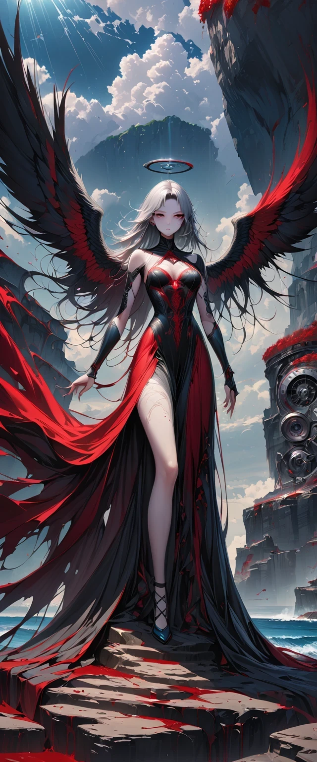 black、White、Blue and Red,(best quality, Super detailed, high resolution, Extremely detailed CG),Wide-angle lens,Dead angel standing on the edge of a cliff,She is beautiful,She likes blood and the ocean,Blood Rain, mystery,Fanatic, Wheels within wheels, Surreal,Beautifully