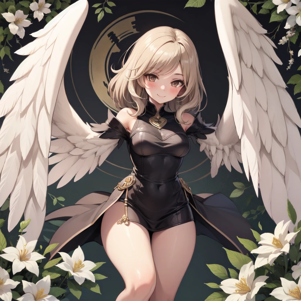 haprycpt, winged arms, harpy, feather tails, solo, 1girl, looking at viewer, smile, blush, medium breasts, beige hair, pompadour, brown eyes, beautiful detailed face, ultra detailed eyes, silver feathers, glittering light, Eucalyptus_seeded \(flower\), floral background