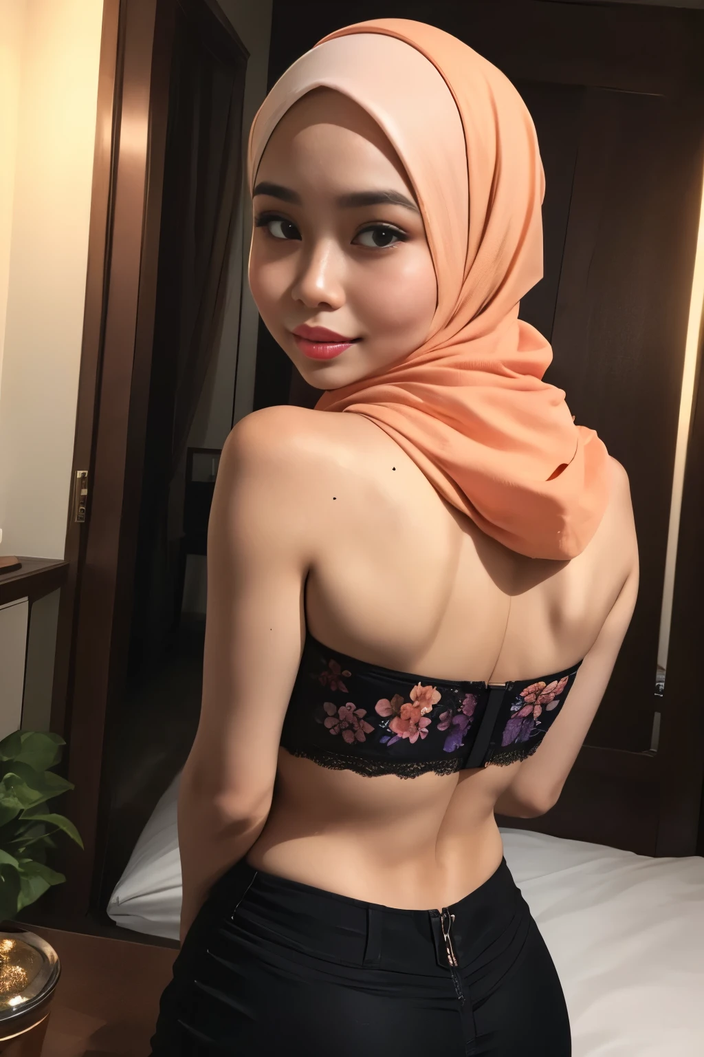 ((Lace)), (Happy smile), (((HIJAB MALAY GIRL))), masutepiece, High quality, UHD 32K, Realistic face, Realistic skin feeling , A Japanese Lady, 58 years old matured lady, , Very cute and baby-like face, (((FLAT CHEST))), (Night time at forest), ((look In front  at the camera and SADNESS)), (((BROWN FLUORESCENT))), (((CUTE GIRL))), ((BROWN FLUORESCENT LIPS)), ((Floral Pattern)) little wearing strapless bra, strapless colorful bra, dark night background , black forest night, horror scary place, (huge saggy breast), ((HEAVY HUGE SAGGY BREASTS)), (from behind up) seductive pose