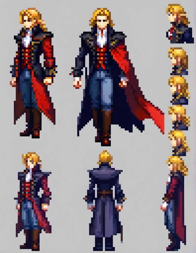 Create a sprite sheet with 9 to 12 different sprites arranged in a consistent grid. These sprites will be used to create a GIF animation. Each sprite should depict X performing Y in Z style. Ensure that each sprite is distinct from the previous one. It is important to make the sprite sheet consistent and reliable. You need to generate 17 different images, each one depicting a completely unique sprite sheet. Is it possible to use some form of image recognition to align the sprites more accurately? Generate a sequence of images where the sprites move to the right, of a physically young man with long blond hair. His most recurring attire is from Castlevania: Symphony of the Night, which, according to the game's setting, consists of 18th-century-style clothing. He wears a black jacket with side seams held together by four square brooches running vertically down, along with a belt. Around his neck, he wears a large white cravat. Over the jacket, he dons a long overcoat with a decorative pattern.
character sheet, full-length, front view and side view, rpg maker
Task: Create animated sprites for a character walking in a platform game.
Specifications:
Resolution: 32x32 pixels
Art style: Pixel art
Direction: The character should walk to the right.
Poses: Create at least 4 different poses for the walking animation, representing different stages of the movement.
Colors: Use a limited color palette, with a maximum of 8 different colors.
Details: The character should be easily recognizable at a reduced size.
Ensure that the movement appears smooth and natural by focusing on fluid transitions between poses. Aim for a seamless and realistic animation.
Once you're finished, export the sprites in a suitable format for use in RPG Maker or any other game engine of your choice.
In addition to his clothing, he also wears a cape resembling that of Bela Lugosi. The weapon he commonly wields is the Sword, a family heirloom from his mother.
Create the image in a Bishōnen artistic style.