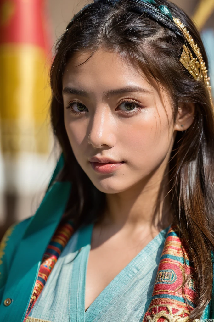 ( masterpiece, top quality, best quality,8k,years old girl,ultra detailed,raw photo:1.5),(photorealistic:1.4), (cinematic lighting), PerfectNwsjMajic, , Surrealism, UHD, ccurate, Super detail, textured skin, High detail, Best quality, dynamic angle, White skin,[Beautiful blue eyes], high nose,(1girl),(good anatomy:0.5)), Dreamy atmosphere,(Dark brown skin, Textured skin, Highland flushed face, Sunburn, tanned, sunspot), Beautiful Tibetan girl in Potala Palace, prayer flags，Potala Palace, Tibetan culture, Bright eyes, Traditional Tibetan art costumes, Tibetan robes, Tibetan headdress, Tibetan jewelry, Turquoise, amber, Observe the audience