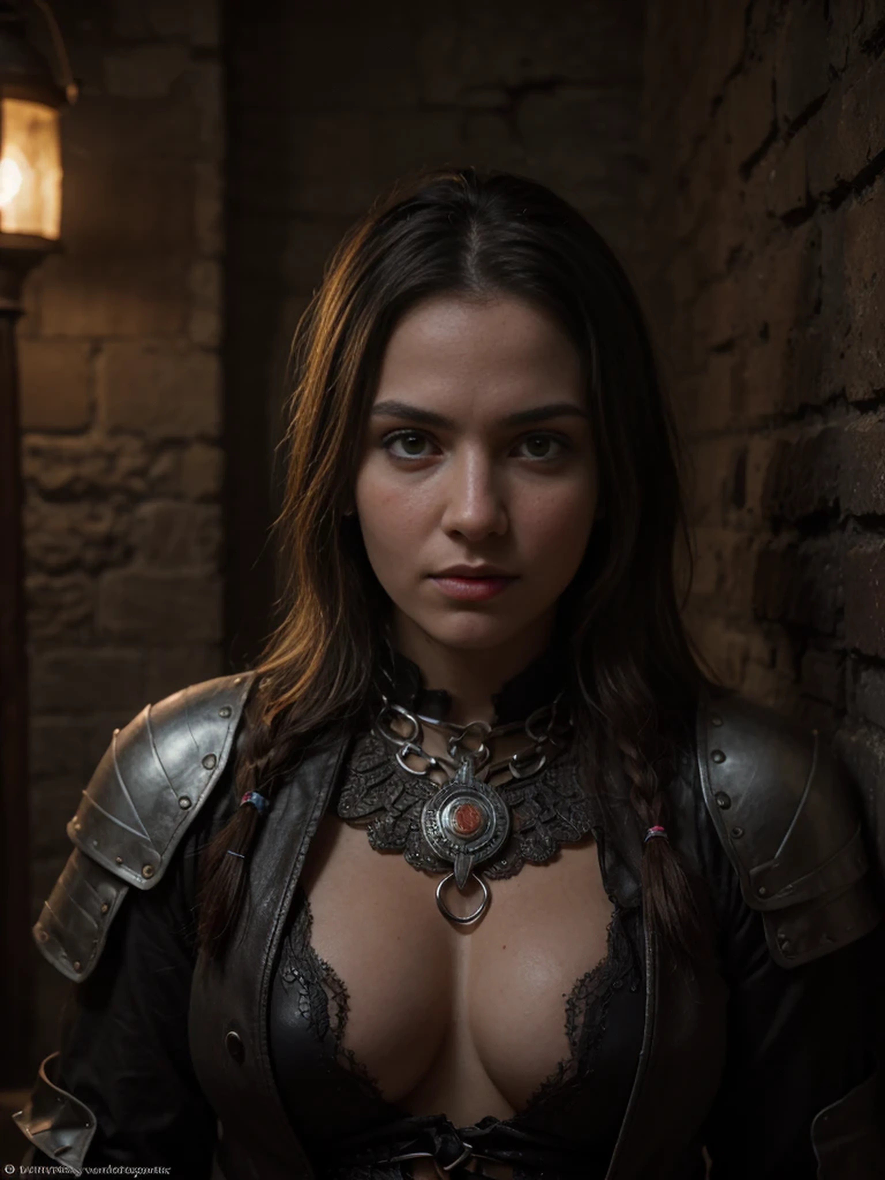 (Highest quality:1.3), cinematic shot, masterpiece, (sharp focus:1.5), (photorealistic:1.3), medium portrait of (a weary-looking but still proud and fierce-looking old Viking warrior, now the leader of his village, dressed in elaborately detailed chain mail and leather armour, a few torches burn on the walls, giving the scene a dark atmosphere but sculpting the forms in sharp chiaroscuro), it is night time, (highly detailed skin), (detailed face), detailed background, dark lighting, twilight lighting, volumetric lighting, intricate details, UHD, realistic hands
