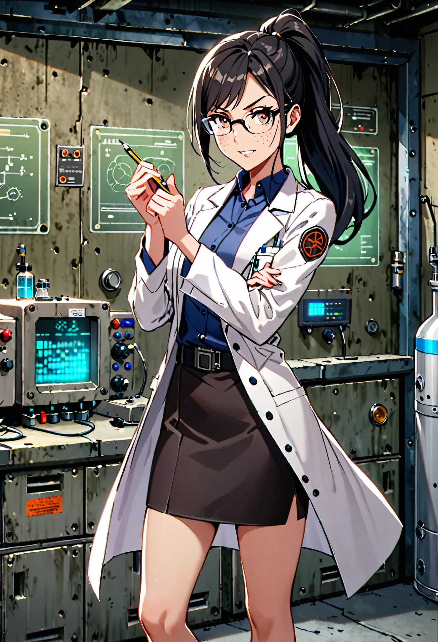 1girl, solo, scientist, mad scientist, white lab coat, pencil skirt, shoes, dress shirt, glasses, black hair, ponytail, long hair, hazel eyes, freckles, scheming pose, professional, laboratory backdrop, cowboy shot, bunker, evil grin, full body costume design