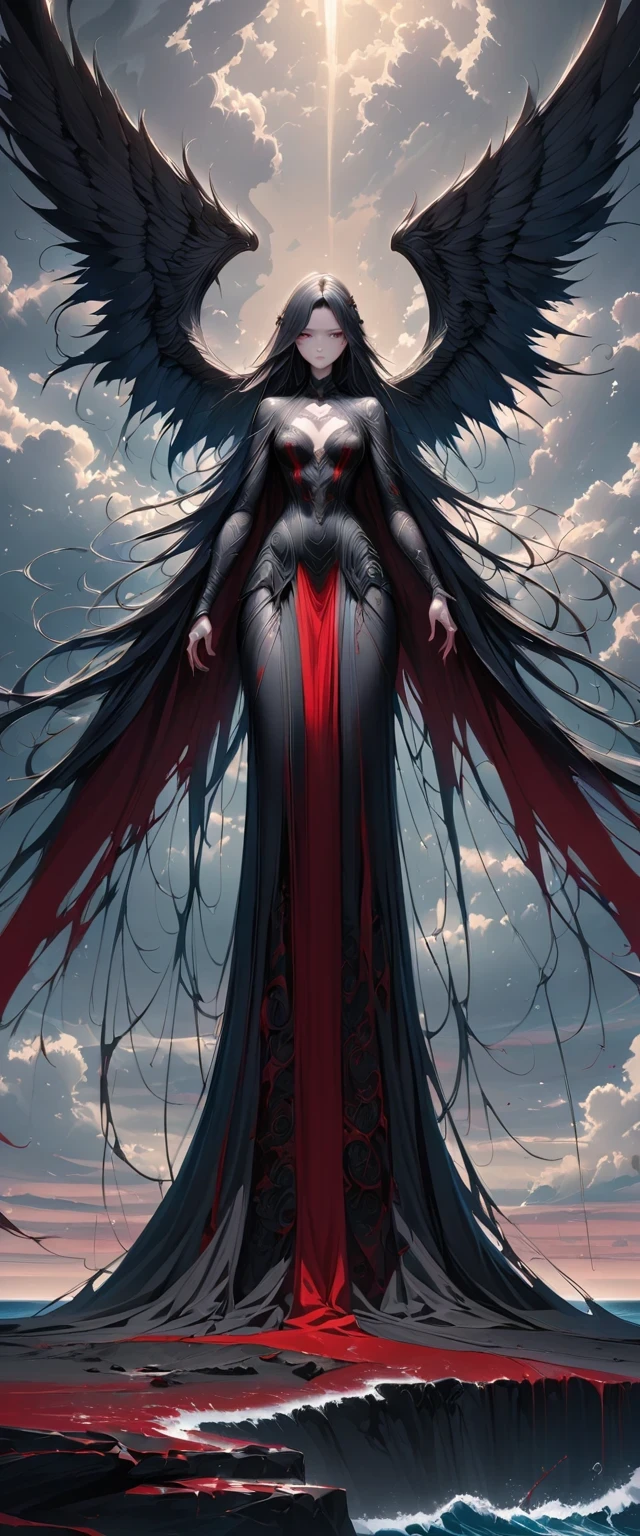black、White、Blue and Red,(best quality, Super detailed, high resolution, Extremely detailed CG),Wide-angle lens,Dead angel standing on the edge of a cliff,She is beautiful,She likes blood and the ocean,Blood Rain, mystery,Fanatic, Wheels within wheels, Surreal,Beautifully