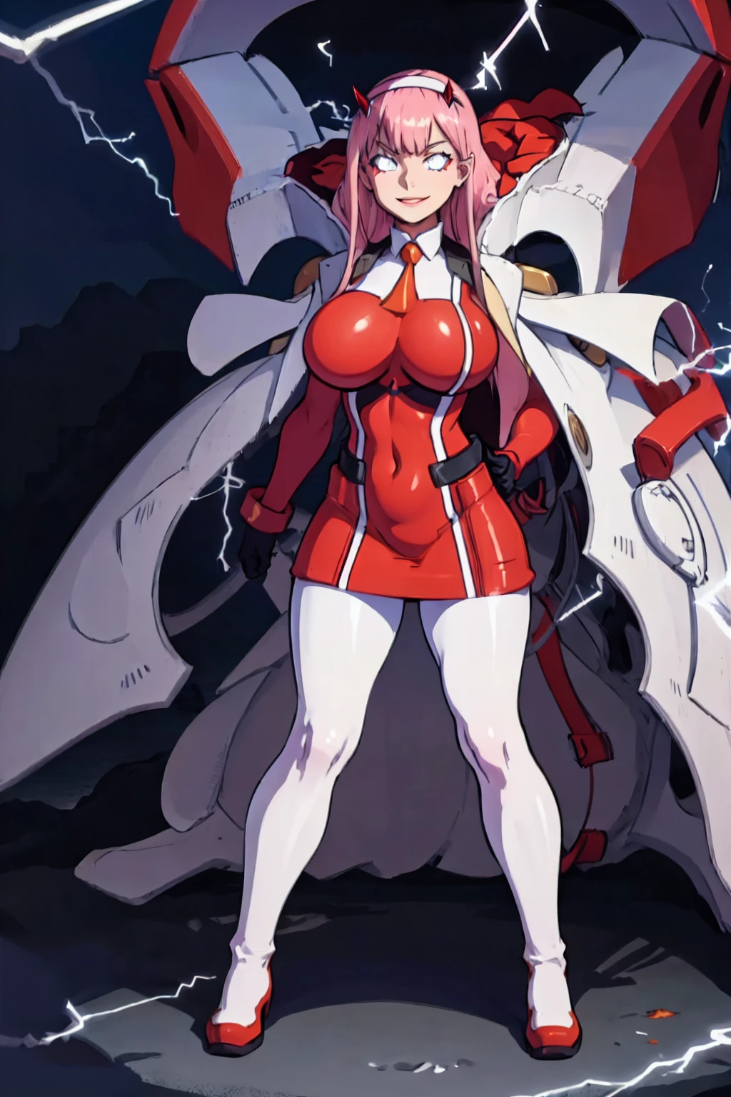 masterpiece, best quality, IncrsLowTier, electricity, glowing eyes zerotwo horns, hairband, necktie, red dress, pantyhose horns, hairband, red bodysuit, armlet, mecha horns, hairband, white bodysuit, white gloves, cap, red dress, white gloves, jacket on shoulders, pantyhose, cyber_armor body_suit,huge_breast, tall female, fulll body, sun light, smile,, sun aura,, boots, standing, smile, lips, red lips,,,{best quality}, {amazing quality} {best quality},{amazing quality},, {absurdres},{{highres}}, {very aesthetic}, {detailed}, curvy, tall, huge breast, character focus, white background,full-length portrait,, huge hips, huge muscles, huge thighs, curvaceous, venus figure,full body, full portrait