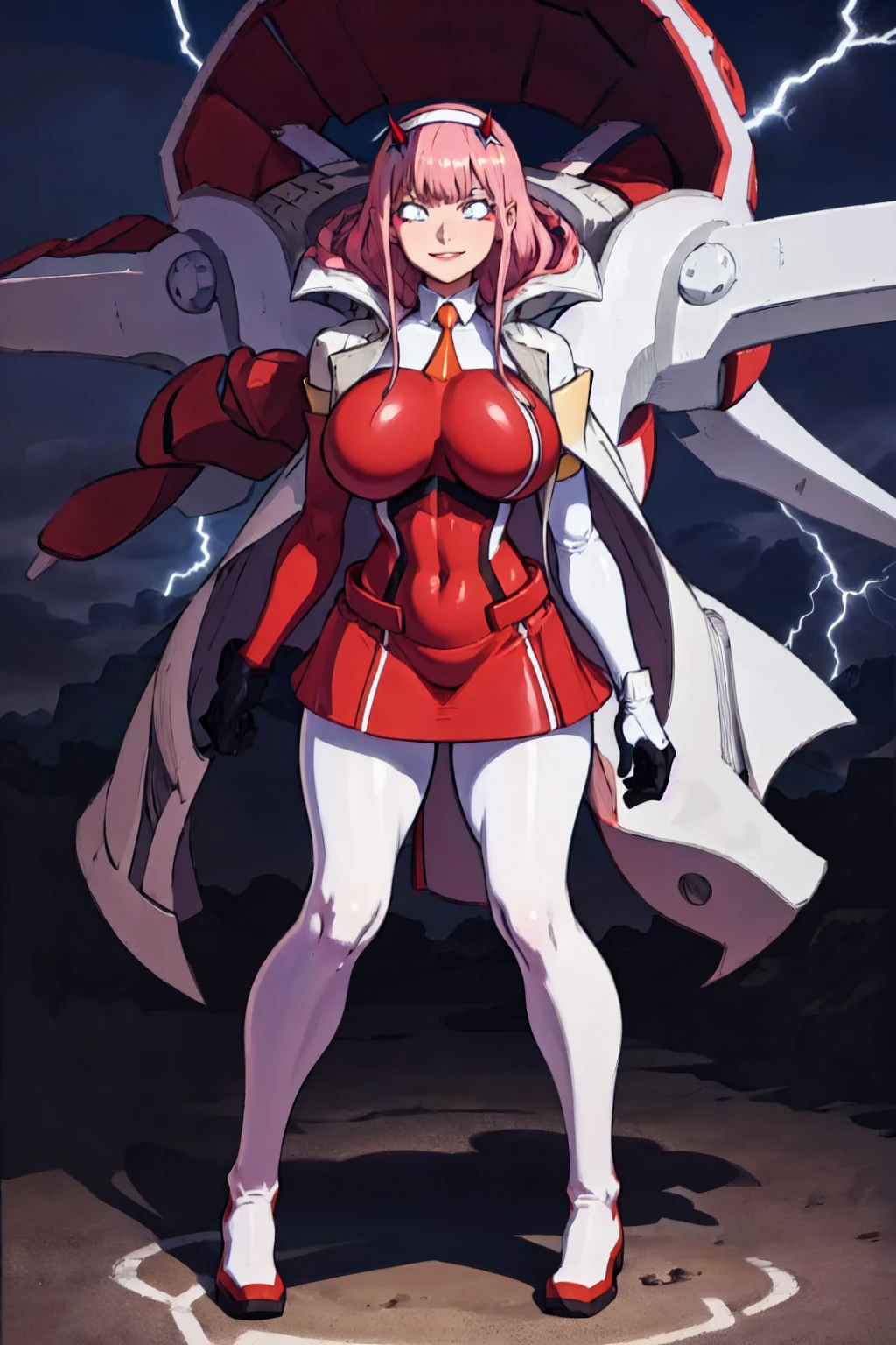 masterpiece, best quality, IncrsLowTier, electricity, glowing eyes zerotwo horns, hairband, necktie, red dress, pantyhose horns, hairband, red bodysuit, armlet, mecha horns, hairband, white bodysuit, white gloves, cap, red dress, white gloves, jacket on shoulders, pantyhose, cyber_armor body_suit,huge_breast, tall female, fulll body, sun light, smile,, sun aura,, boots, standing, smile, lips, red lips,,,{best quality}, {amazing quality} {best quality},{amazing quality},, {absurdres},{{highres}}, {very aesthetic}, {detailed}, curvy, tall, huge breast, character focus, white background,full-length portrait,, huge hips, huge muscles, huge thighs, curvaceous, venus figure,full body, full portrait