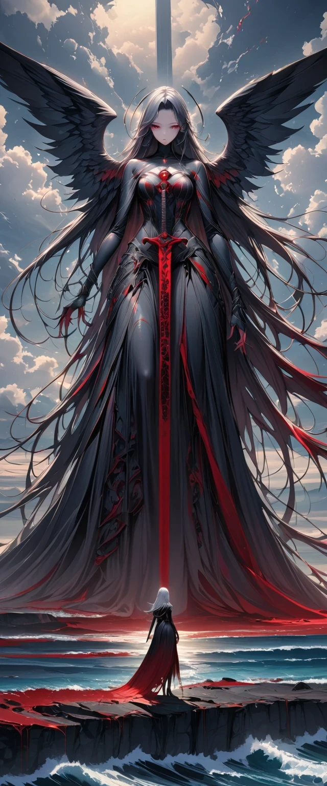black、White、Blue and Red,(best quality, Super detailed, high resolution, Extremely detailed CG),Wide-angle lens,Dead angel standing on the edge of a cliff,She is beautiful,She likes blood and the ocean,Blood Rain, mystery,Fanatic, Wheels within wheels, Surreal,Beautifully