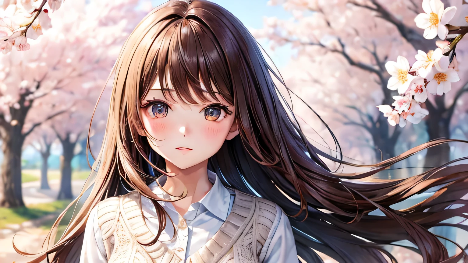 Girl in Love　White dress　Cherry blossom cardigan　Brown Hair　long silky hair　High quality and high definition facial expressions　High quality and high definition hair　Diagonal