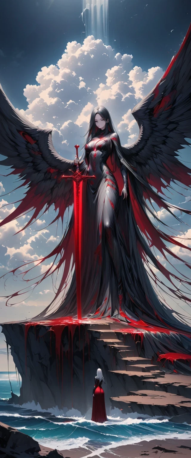 black、White、Blue and Red,(best quality, Super detailed, high resolution, Extremely detailed CG),Wide-angle lens,Dead angel standing on the edge of a cliff,She is beautiful,She likes blood and the ocean,Blood Rain, mystery,Fanatic, Wheels within wheels, Surreal,Beautifully