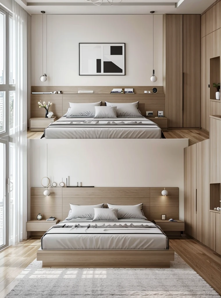 A bedroom with modern style, full interior, photo-realistic, ultra high definition:

The sleek and minimalist bedroom is bathed in soft natural light that filters in through the large floor-to-ceiling windows, illuminating every intricate detail of the space. The bed, with its crisp white linens and fluffy pillows, takes center stage, framed by an elegant, design-forward headboard. The room's decor is a harmonious blend of functionality and art, with clean lines and geometric shapes creating a sense of order and serenity. The furnishings exude an air of sophistication, with their sleek, matte finishes and smooth, uncluttered