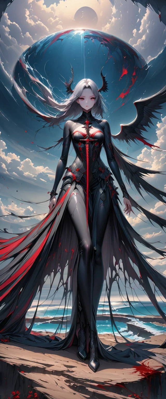 black、White、Blue and Red,(best quality, Super detailed, high resolution, Extremely detailed CG),Wide-angle lens,Dead angel standing on the edge of a cliff,She is beautiful,She likes blood and the ocean,Blood Rain, mystery,Fanatic, Wheels within wheels, Surreal,Beautifully