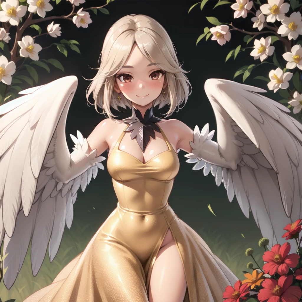 haprycpt, winged arms, harpy, feather tails, solo, 1girl, looking at viewer, smile, blush, medium breasts, beige hair, pompadour, brown eyes, beautiful detailed face, ultra detailed eyes, silver feathers, glittering light, Eucalyptus_seeded \(flower\), floral background
