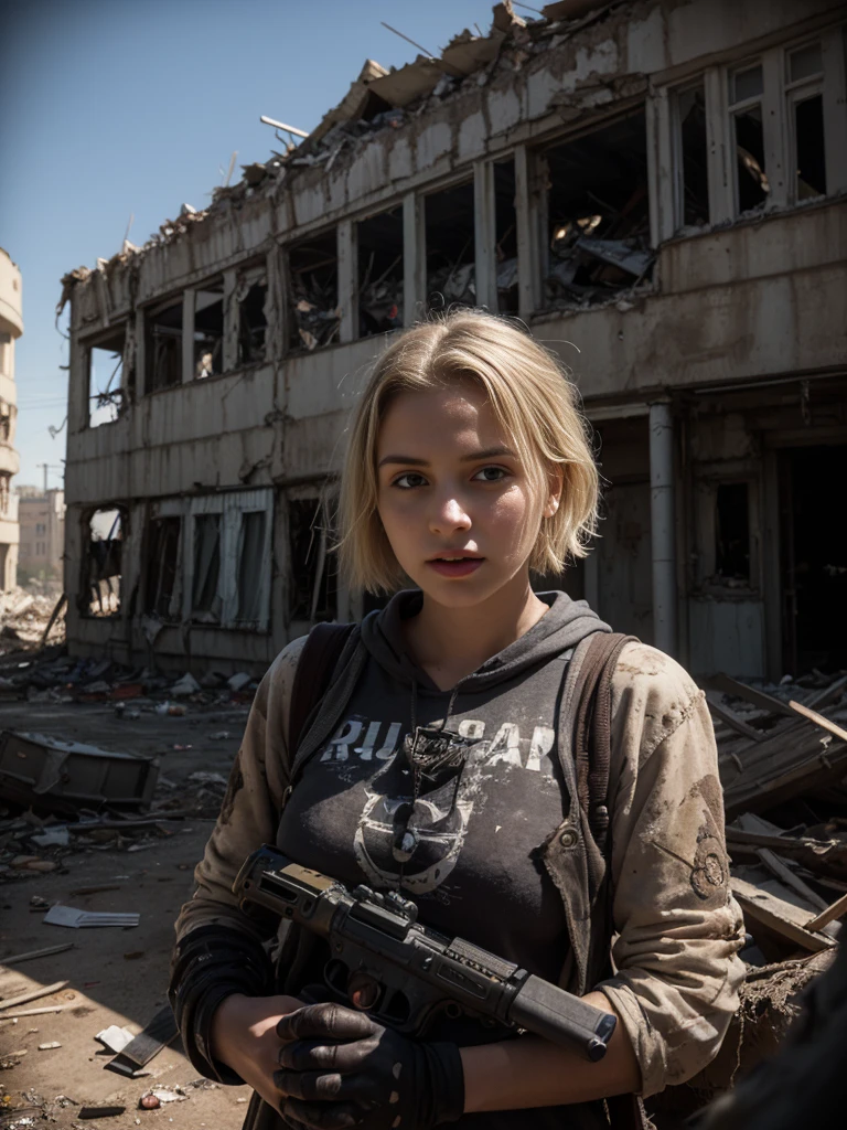 (Highest quality:1.3), cinematic shot, masterpiece, (sharp focus:1.5), (photorealistic:1.3), medium portrait of a Russian girl 26 years old, Blonde Dirty Short Hair, dusty face, Dressed in the armor of the future, Against the backdrop of a desolate post-apocalypse, Ruined Moscow, Ruins of the Kremlin, AR-16 rifle in hand, the wind, dust, Destroyed buildings, Skeletons of burnt cars, Oppressive atmosphere, Dirty skies, photo realism, Sharp focus, Human bones and skulls are scattered everywhere, garbage heaps,Wreckage of buildings, Fallout, Photo 3/4, Realistic Facial Skin, Dust on clothes, Oppressive atmosphere,