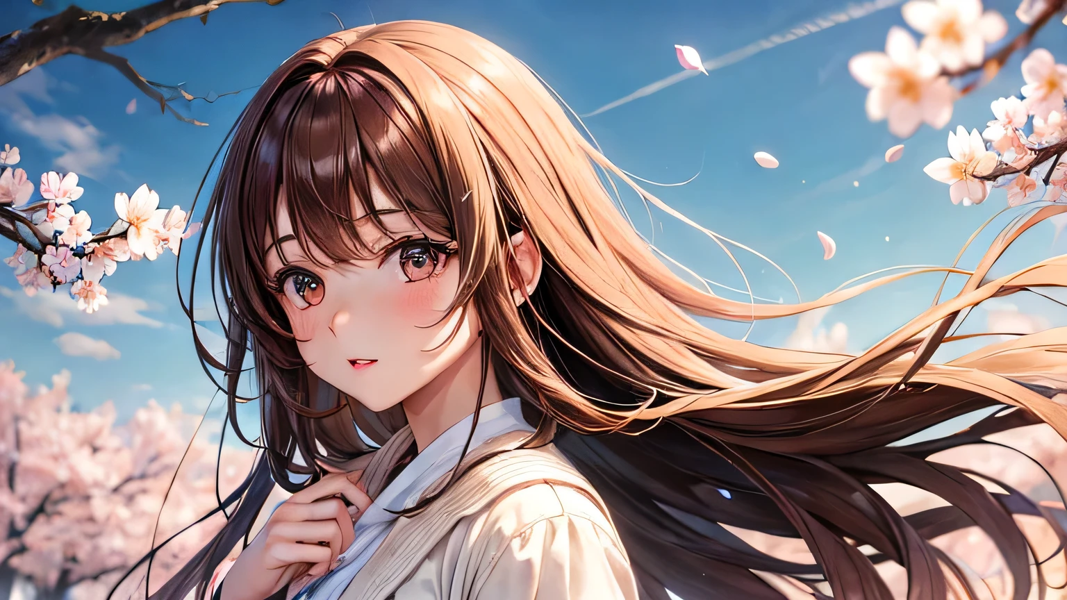 Anime girl with long brown hair and white shirt in front of a tree ...