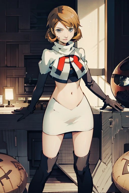 takeba_yukari (Persona 3) ,brown hair, team rocket, team rocket uniform, red letter R, white skirt, white crop top, black thigh-high boots, black elbow gloves, evil sinister smile,