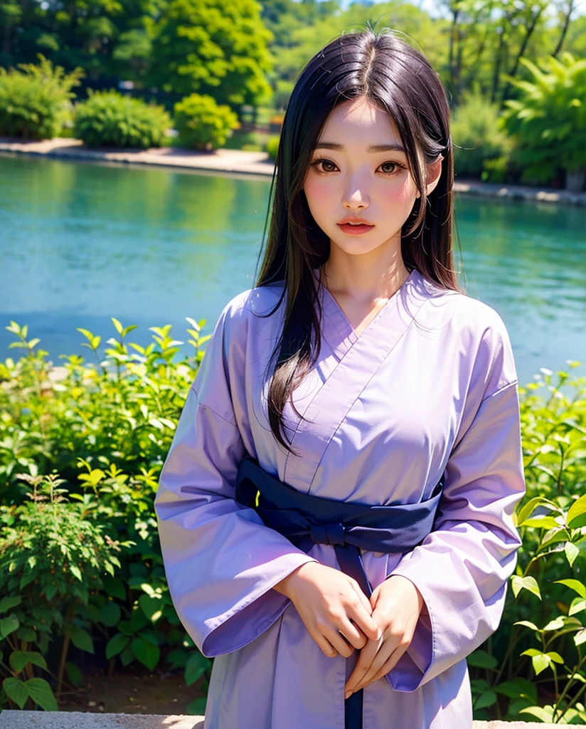 A beautiful, bored Korean age girl looking directly into the camera. (best quality, highres, realistic:1.37), detailed eyes, detailed lips, slight smile, flawless skin. She has long, straight black hair cascading over her shoulders. She is wearing a traditional Korean hanbok with intricate floral embroidery. The hanbok is made of vibrant silk fabric in shades of pink, purple, and blue. The girl is standing against a backdrop of a serene Korean garden with blooming cherry blossom trees and a small pond with colorful koi fish swimming. The garden is bathed in soft, golden sunlight, casting a warm glow on the girl's face. The overall color palette of the image is pastel and harmonious, emphasizing the girl's natural beauty and the peaceful atmosphere of the scene.