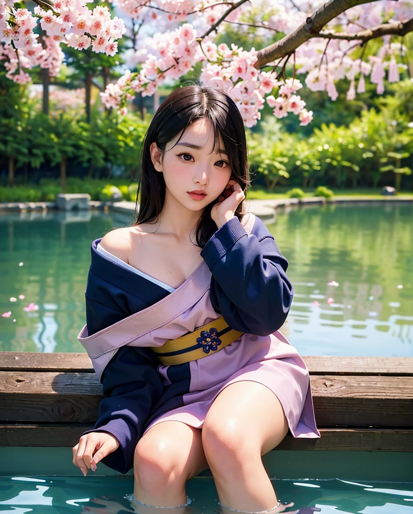 A beautiful, bored Korean teenage girl looking directly into the camera. (best quality, highres, realistic:1.37), detailed eyes, detailed lips, slight smile, flawless skin. She has long, straight black hair cascading over her shoulders. She is wearing a traditional Korean hanbok with intricate floral embroidery. The hanbok is made of vibrant silk fabric in shades of pink, purple, and blue. The girl is standing against a backdrop of a serene Korean garden with blooming cherry blossom trees and a small pond with colorful koi fish swimming. The garden is bathed in soft, golden sunlight, casting a warm glow on the girl's face. The overall color palette of the image is pastel and harmonious, emphasizing the girl's natural beauty and the peaceful atmosphere of the scene.