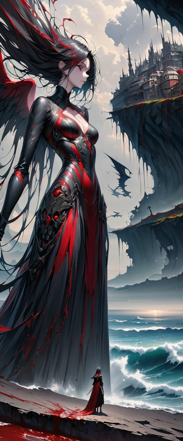 black、White、Blue and Red,(best quality, Super detailed, high resolution, Extremely detailed CG),Wide-angle lens,Dead angel standing on the edge of a cliff,She is beautiful,She likes blood and the ocean,Blood Rain, mystery,Fanatic, Wheels within wheels, Surreal,Beautifully