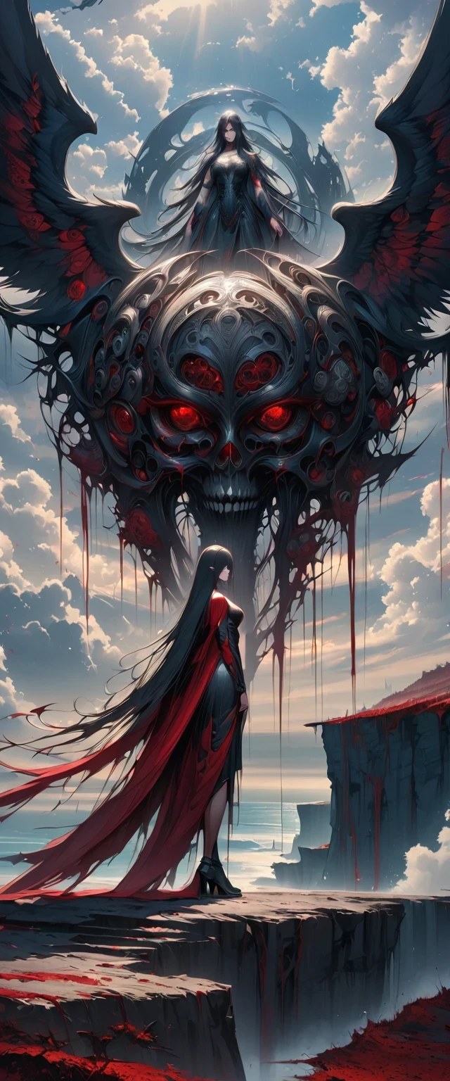 black、White、Blue and Red,(best quality, Super detailed, high resolution, Extremely detailed CG),Wide-angle lens,Dead angel standing on the edge of a cliff,She is beautiful,She likes blood and the ocean,Blood Rain, mystery,Fanatic, Wheels within wheels, Surreal,Beautifully