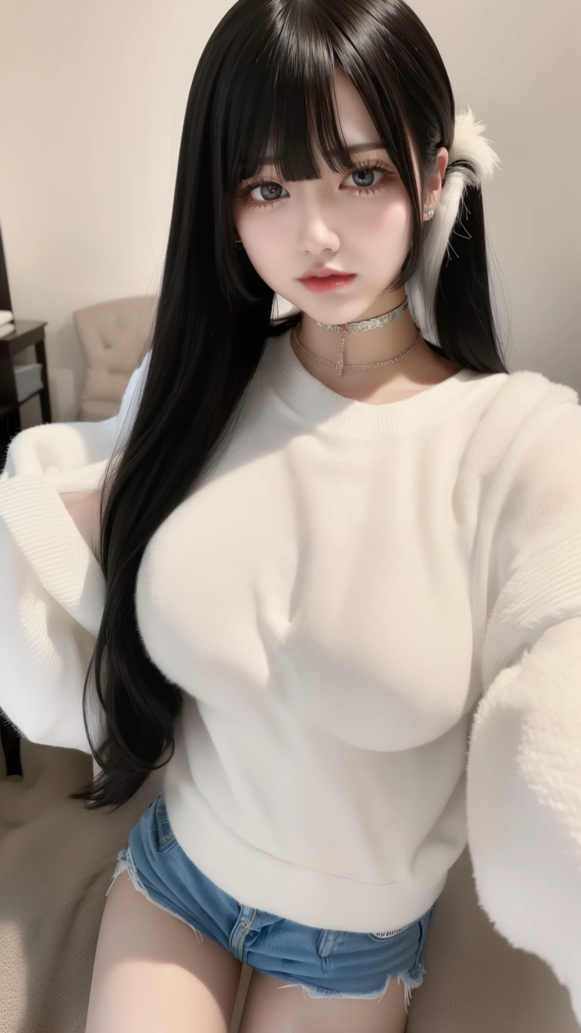 highest quality、8k、32k、masterpiece、Hmph:1.2)、One Girl、Girl with long hair、Beautiful Japanese Woman、Black-haired、Heavy bangs、Long sleeve shirt、Hair length、A fluffy white sweater、Emphasize the chest、D Cup,choker、(((Big Breasts))), Bright red eyeliner、