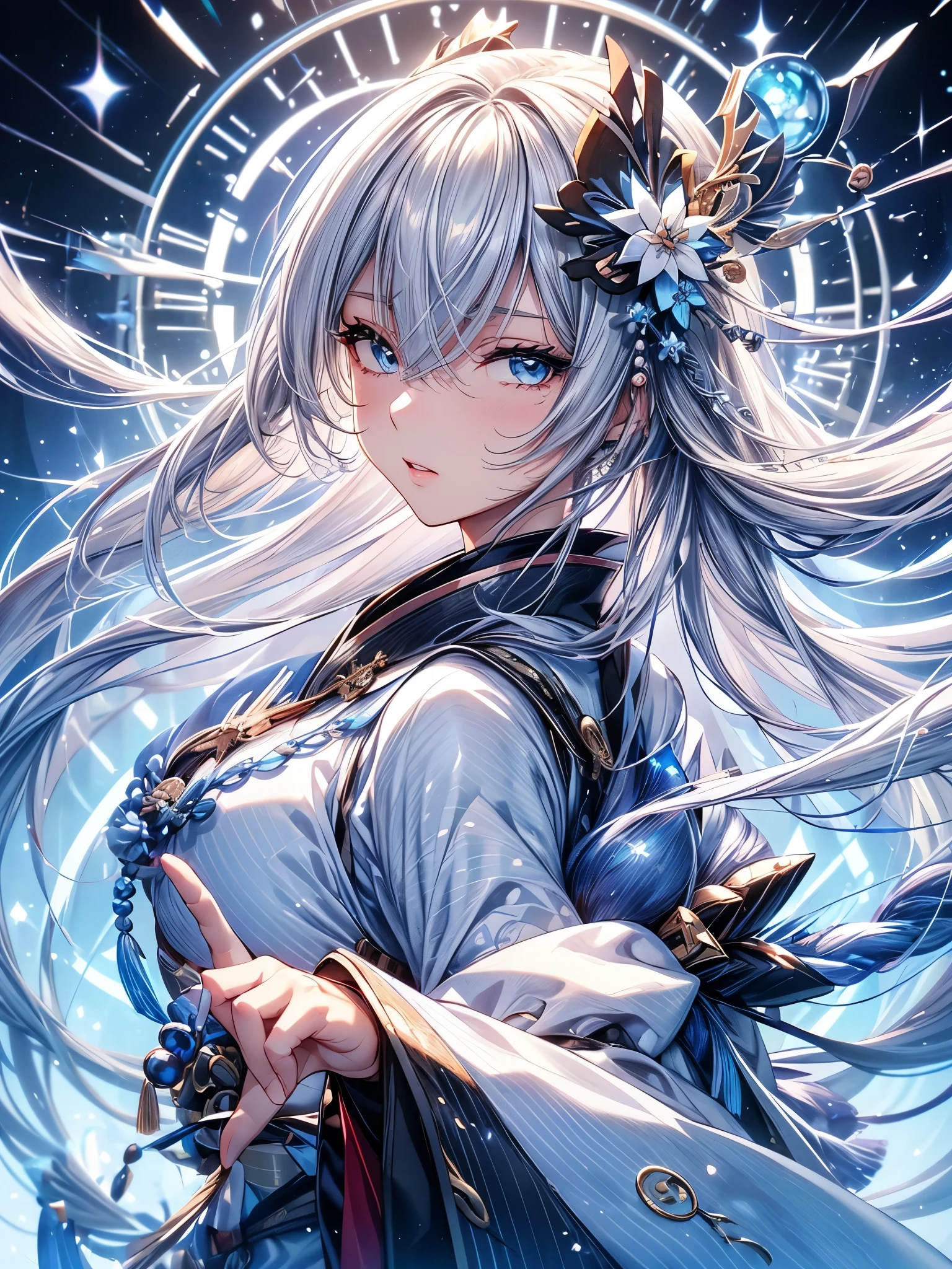 (Ultra-delicate), (Be focused), (high resolution), (((Silver hair with gradient stripes and light blue tail))), Cute beauty face, Fine facial textures, ((Light blue eyes)), thin eyebrows, long upper eyelashes, Double eyelids, Upper Eye, (super detailed eyes), Sexy lips, lip details, White skin, Delicate skin, Deformed depth of field blurred background, (Detailed background), Perfect layer cut, (full-body shot/Cowboy shooting/side view), wallpaper, Shimmer, complicated, familiar, (Onmyoji), particle, constellation, Stardust, Pentagram, ((Talisman)), mysterious, peaceful, Japan, Black, White Kimono, Fortune Telling, time and space, incantations, Yin Yang Liao, Artistic, 8k