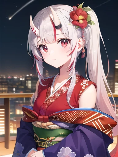 (masterpiece:1.3),((High resolution)),((high quality)),((Super detailed))、One girl、Perfect balance、((Upper Body))、Perfect Face、Detailed face、Cute face、beautiful詳細な目、Expressive eyes、Cute eyes、Shiny eyes、 alone,nakiri ayame, Long Hair, Side Ponytail, Iris New Year, red kimono, Floral print, Hair Flowers, sash, Wide sleeves, (Browsing Caution:1.4), (head shot)、Embarrassing、blush、beautiful女の子、Cute face、beautiful顔、Cute face、beautiful、Best Quality、Good anatomy、((smile:1.5))、((Super detailedな背景)),Mistress Pose,Night Sky,Meteors, ((8K Wallpaper)) , Watching the audience, Moody lighting, In-person audience