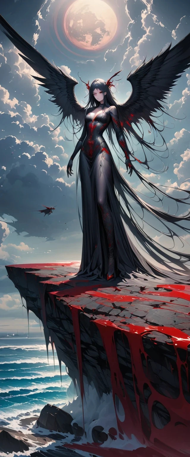 black、White、Blue and Red,(best quality, Super detailed, high resolution, Extremely detailed CG),Wide-angle lens,Dead angel standing on the edge of a cliff,She is beautiful,She likes blood and the ocean,Blood Rain, mystery,Fanatic, Wheels within wheels, Surreal,Beautifully