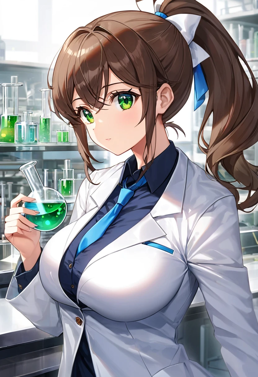 Italian girl, 25 years old, wavy brown hair, tied in a ponytail, super breasts, white lab coat, green eyes, in a laboratory