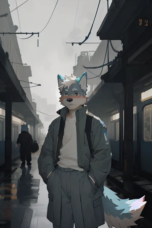 by zixiong, From milkytiger1145,
external, TRAIN STATION, 
best quality, masterpiece,
anthropology, Solitary, male, canine, Wolf, 
Loose clothing, Moderate, Bright Eyes,
Water Drop, Gray sky, rain, FOG,