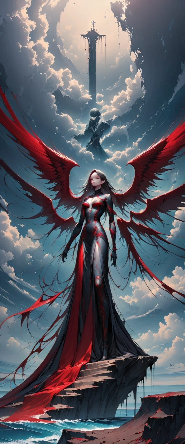 black、White、Blue and Red,(best quality, Super detailed, high resolution, Extremely detailed CG),Wide-angle lens,Dead angel standing on the edge of a cliff,She is beautiful,She likes blood and the ocean,Blood Rain, mystery,Fanatic, Wheels within wheels, Surreal,Beautifully