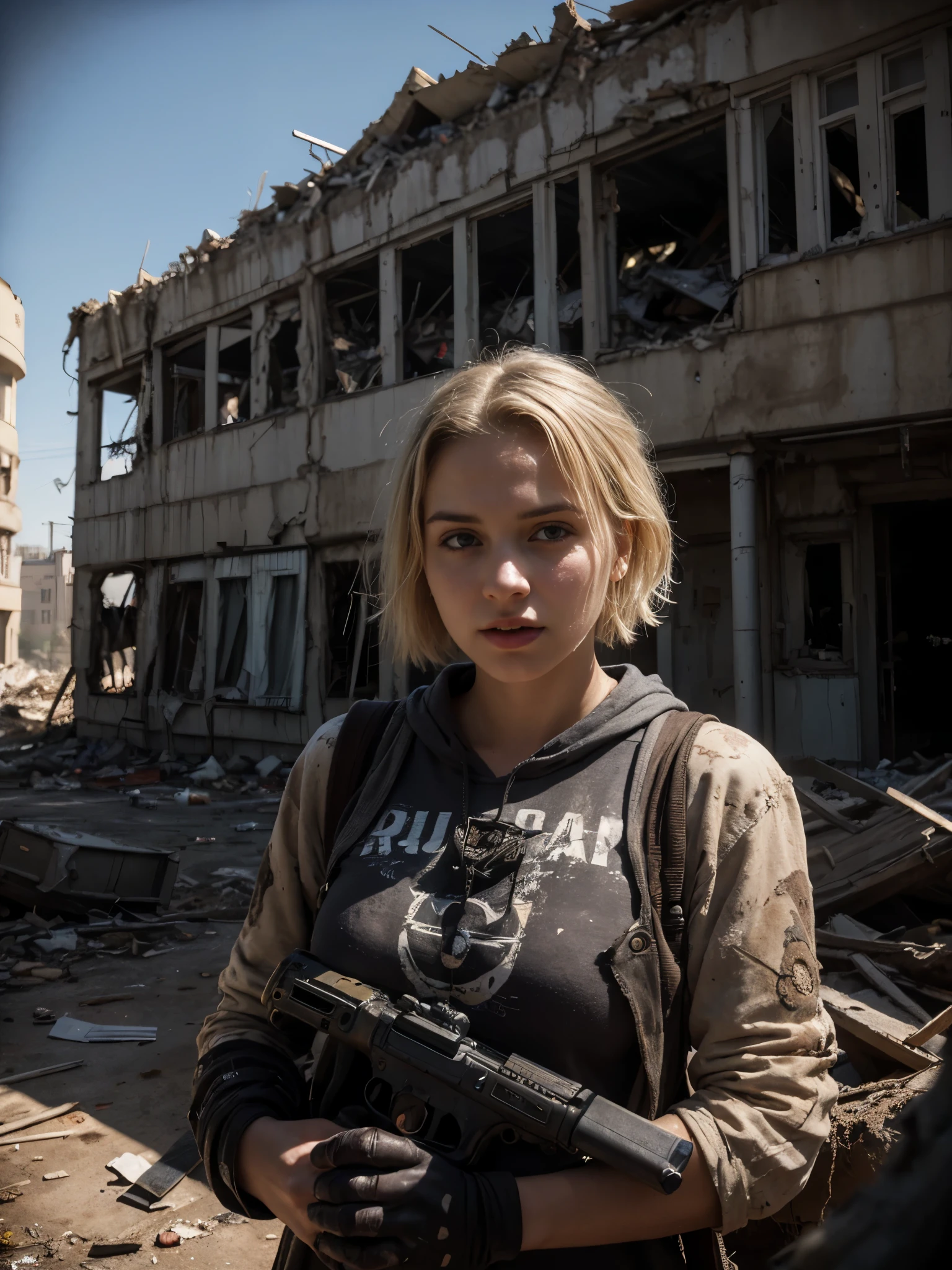 (Highest quality:1.3), cinematic shot, masterpiece, (sharp focus:1.5), (photorealistic:1.3), medium portrait of a Russian girl 26 years old, Blonde Dirty Short Hair, dusty face, Dressed in the armor of the future, Against the backdrop of a desolate post-apocalypse, Ruined Moscow, Ruins of the Kremlin, AR-16 rifle in hand, the wind, dust, Destroyed buildings, Skeletons of burnt cars, Oppressive atmosphere, Dirty skies, photo realism, Sharp focus, Human bones and skulls are scattered everywhere, garbage heaps,Wreckage of buildings, Fallout, Photo 3/4, Realistic Facial Skin, Dust on clothes, Oppressive atmosphere,