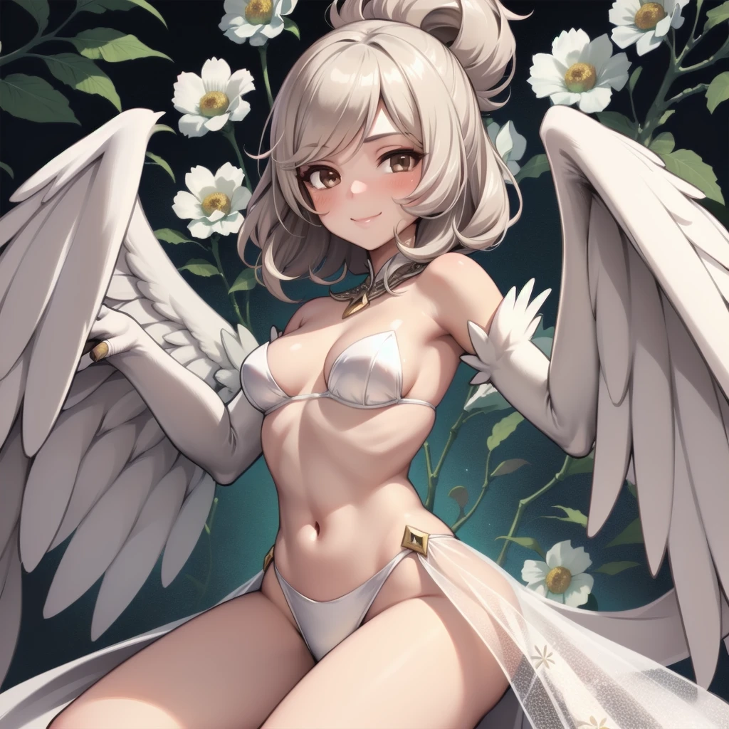 haprycpt, winged arms, harpy, feather tails, solo, 1girl, looking at viewer, smile, blush, medium breasts, beige hair, pompadour, brown eyes, beautiful detailed face, ultra detailed eyes, silver feathers, glittering light, Eucalyptus_seeded \(flower\), floral background
