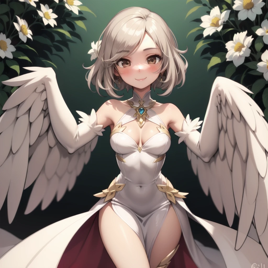 haprycpt, winged arms, harpy, feather tails, solo, 1girl, looking at viewer, smile, blush, medium breasts, beige hair, pompadour, brown eyes, beautiful detailed face, ultra detailed eyes, silver feathers, glittering light, Eucalyptus_seeded \(flower\), floral background
