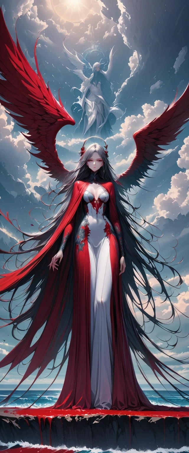 black、White、Blue and Red,(best quality, Super detailed, high resolution, Extremely detailed CG),Wide-angle lens,Dead angel standing on the edge of a cliff,She is beautiful,She likes blood and the ocean,Blood Rain, mystery,Fanatic, Wheels within wheels, Surreal,Beautifully