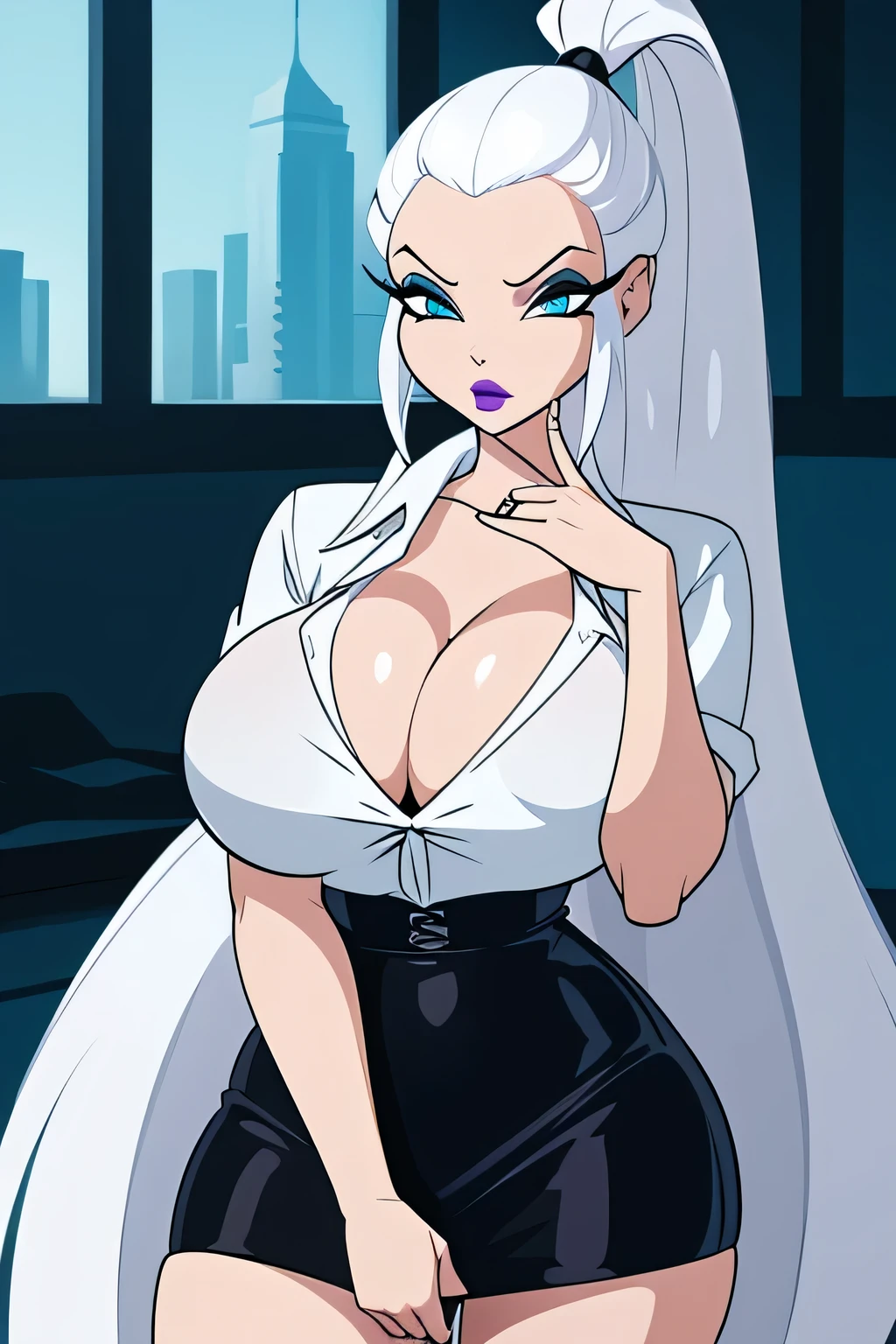 A beautiful girl, beautiful villain, beautiful, big breast, long white hair, long tail, white hair, her blue eye, painted purple eyelashes, her turquoise lip, she wears a white button-down shirt, tied in a knot, shows her chest, a black bra and a long black skirt. 