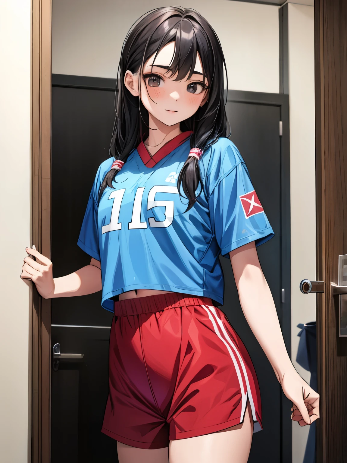 Korean sporty girl, (16 years old), in the apartment, front door, shorts, buxom, view from front, confident expression, (masterpiece, best quality, extremely detailed, hyper realistic) 